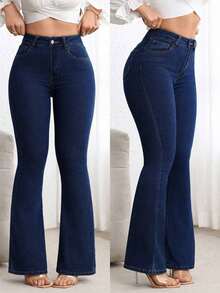 Jeans de mezclilla casual con bolsillo frontal y cierre de botones, para uso diario - Azul lavado oscuro 3 - Ver 8