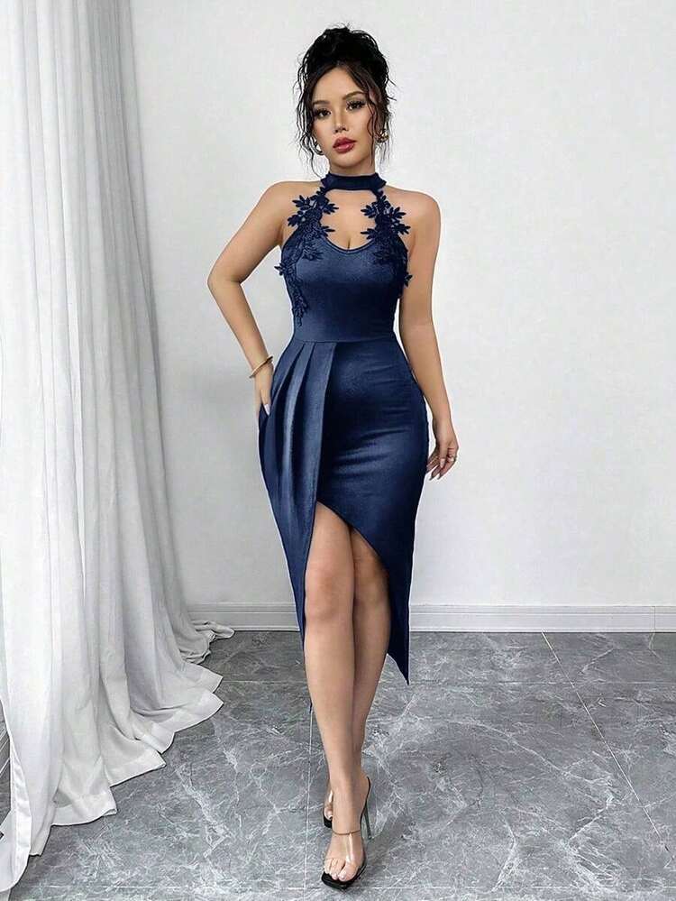 xheElenzga Vestido de mujer con escote en V y encaje, tirantes finos y abertura alta, elegante y sexy para vacaciones, citas, reuniones diarias y fiestasxhe - Azul marino - Añade 4