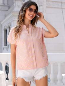 LUNE Blusa de mangas de murciélago con cuello en pico y estampado de rombos en dorado, tops de manga corta - Rosa vieja - Ver 5
