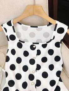 Blusa sin mangas elegante y casual para uso diario, citas y cenas, con botones de perla y diseño de lunares, primavera/verano - Multicolor - Ver 5