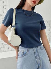 Camiseta de manga corta de unicolor para mujer para el verano, Cropped tops para mujeres - Azul - Ver 6