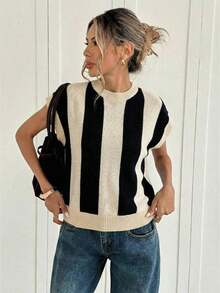 Blusa de punto de manga de murciélago con rayas de color contrastante, casual de verano para mujer - Multicolor 5 - Ver 4