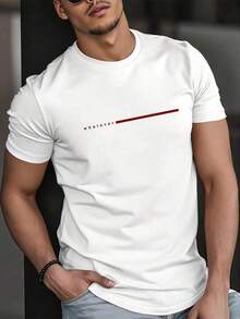 Manfinity Homme Men's Classic Solid Color Crew Neck Short Sleeve T-Shirt, Small Striped Design With The Inscription "WHATEVER", Versatile Casual T-Shirt. - Putih - View 8