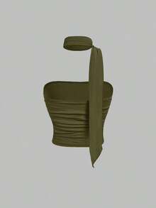 MOD Set de 3 piezas de top corto de punto ajustado con volantes y tirantes de bufanda para mujeres - Verde militar - Ver 9