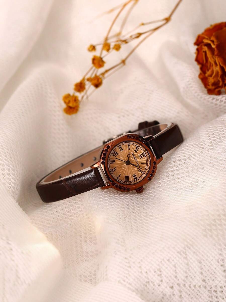 REBIRTH 1 buah Jam Tangan Wanita Gaya Retro Kasual dengan Angka Romawi dan Mesin Quartz, Cocok untuk Pemakaian Sehari-hari - Coffee Brown - View 1