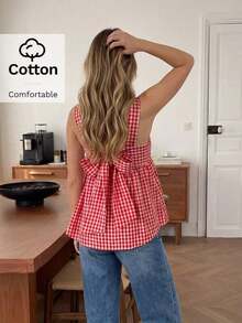 Camisa casual y versátil para uso diario con lazo y estampado de cuadros para mujer - Multicolor - Ver 4