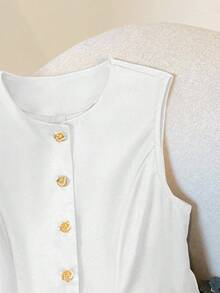 Camiseta de tirantes casual de mujer con botones en forma de flor de unicolor - Blanco - Ver 3