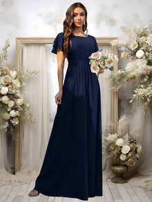Vestido de dama de honor de gasa con volantes y mangas cortas con volantes, cuello de barco, estilo elegante para boda, color eucalipto - Azul marino - Ver 5