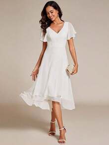 Vestido midi elegante de gasa de unicolor con cuello en V, manga corta y volante en el bajo, vestido blanco formal, nuevo vestido de primavera/verano para fiesta de novia, boda, compromiso - Blanco - Ver 3