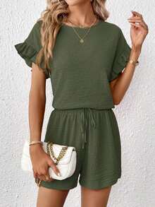 Top de manga con volante & Shorts de cintura con cordón - Verde militar - Ver 4