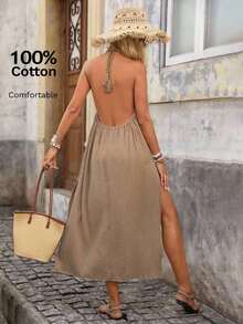 Vestido largo de verano para mujer con cuello halter, espalda descubierta y abertura alta en el bajo, ideal para vacaciones, playa y estilo de resort, vestido de verano amarillo con espalda descubierta - Camel - Ver 8
