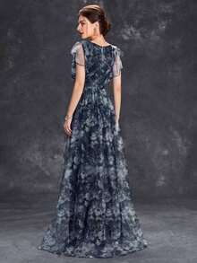 Vestido con estampado floral y mangas con volantes para mujer, vestido de madre de la novia para boda, vacaciones y primavera en color negro - Negro - Ver 2