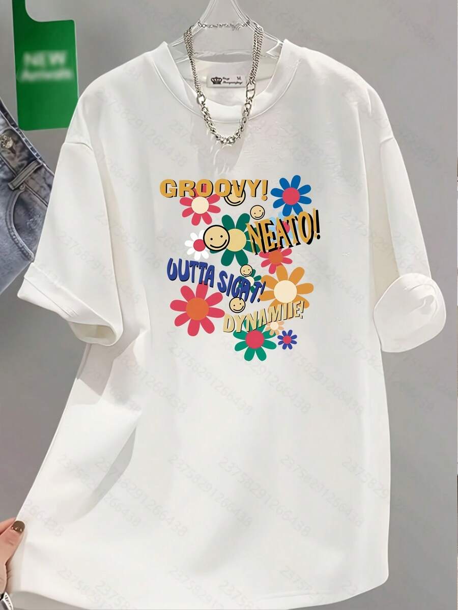 Women's Printed Short-Sleeved T-Shirt, Loose-Fitting Round Neck, Colorful, Machine Washable, Ideal For Summer. New 2026 Style. Casual And Comfortable. NAUJ - 白色 - 查看 1