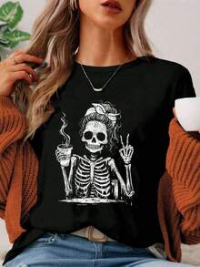 Camiseta casual para mujer de manga corta con cuello redondo, ajuste suelto, con gráfico de esqueleto y flores - Negro 3 - Ver 7