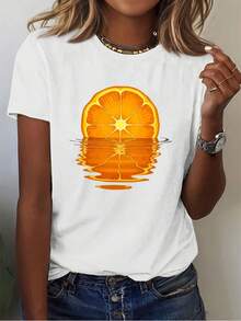 Camiseta de manga corta con cuello redondo y estampado de rodaja de naranja y reflejo de agua, nueva camiseta casual blanca estampada para mujer, estilo divertido y regular, verano 2026, 180g 100% algodón. - Blanco - Ver 6