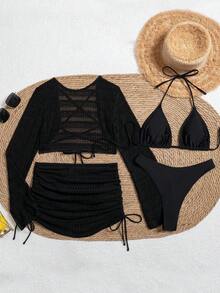 2026  Swim Conjunto de bikini de unicolor con parte superior y falda de cobertura, con escote halter y lazos, para mujer en verano - Negro - Ver 9
