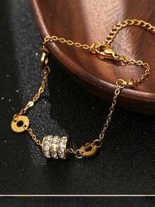 Juego de 3/1 piezas de pulseras de acero inoxidable chapadas en oro de 18K de lujo, pulsera con cruz y números romanos totalmente incrustada de strass & pulsera exquisita con números romanos, apilables - Dorado - Ver 9