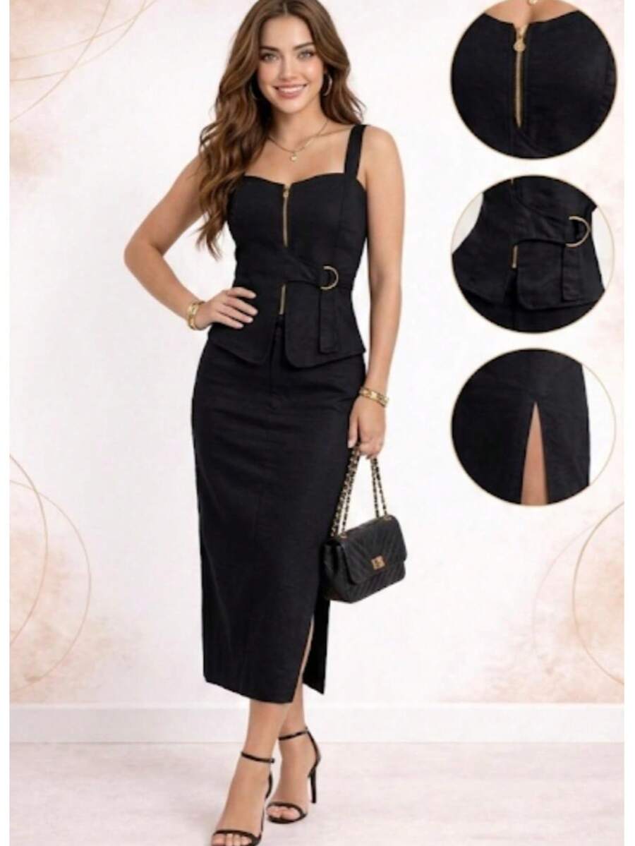 Two-Piece Set: Tank Top With Zipper + Long Skirt With Side Slit, Elegant And Chic. - Black - View 1