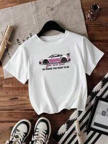 Camiseta con Gráficos de Coche y Eslóganes, Camiseta Casual de Manga Corta, Verano, Libertad, Éxito, Eres Genial, Ve Donde Quieras, Genial para Correr y Viajar, Camisetas con Gráficos 2024, Tops para Mujer, Estilo Minimalista, Sudadera de Algodón Puro - Blanco - Ver 4