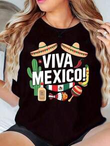 100% Cotton, 1 Piece Of Mexican Festival Themed Summer T-Shirts, Oversized Graphic Tees, Perfect Gifts, G, 100% Soft Cotton. Women's Simple Solid Color T-Shirt, Loose And Slim Fit Casual Short Sleeve - 黑色 - 查看 7