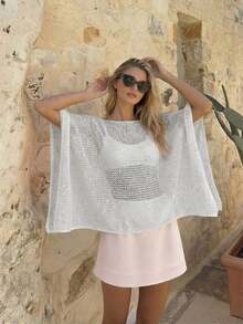 Elegante top de mujer de primavera/verano, de punto rosa, con cuello redondo, sólido, semitransparente, con capucha y detalles de lentejuelas calados, para uso casual, vacaciones y playa - Blanco - Ver 4