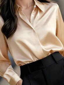 Camisa de manga larga de unicolor elegante para mujer - Blusa de cuello clásico no transparente, tela premium para primavera, verano, otoño, versátil para uso casual y profesional, lavable a máquina/limpieza en seco, diseño estilizado, textura refinada Blanco - Champán - Ver 2