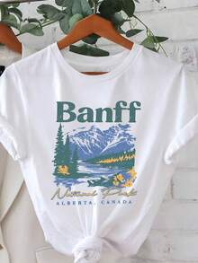 1 Piece Of Women's Short Sleeve T-Shirt With Banff National Park Print, Round Neck, Spring/Summer, 180g, 100% Cotton. - 白色 - 查看 1