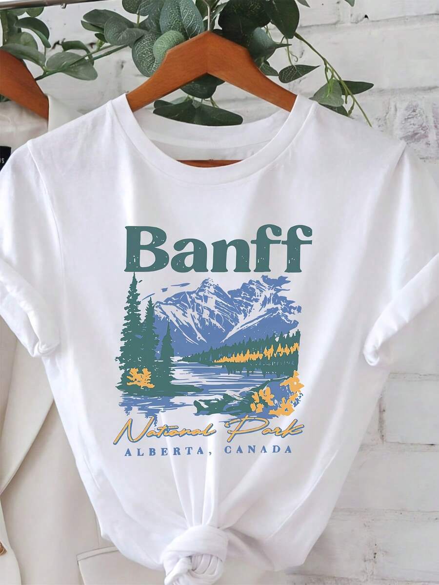 1 Piece Of Women's Short Sleeve T-Shirt With Banff National Park Print, Round Neck, Spring/Summer, 180g, 100% Cotton. - 白色 - 查看 1