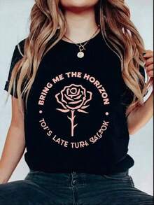 1 Pieza Camiseta 180g 100% Algodón Unisex Holgada. 1 Pieza Camiseta 180g 100% Algodón Unisex Holgada. Camiseta moderna de algodón con estampado de rosas de Bring Me The Horizon, diseño gráfico llamativo para amantes de la música y fans, cómodo para uso diario, con cuello redondo y costuras resistentes. Disponible en talla pequeña y color negro. Ideal para conciertos, casual o regalo especial. Calzado en ropa juvenil y  de moda actual. Cómoda y versátil para escuela, trabajo, salidas y eventos casuales Cómoda y versátil para escuela, trabajo, salidas y eventos casuales - Negro - Ver 1