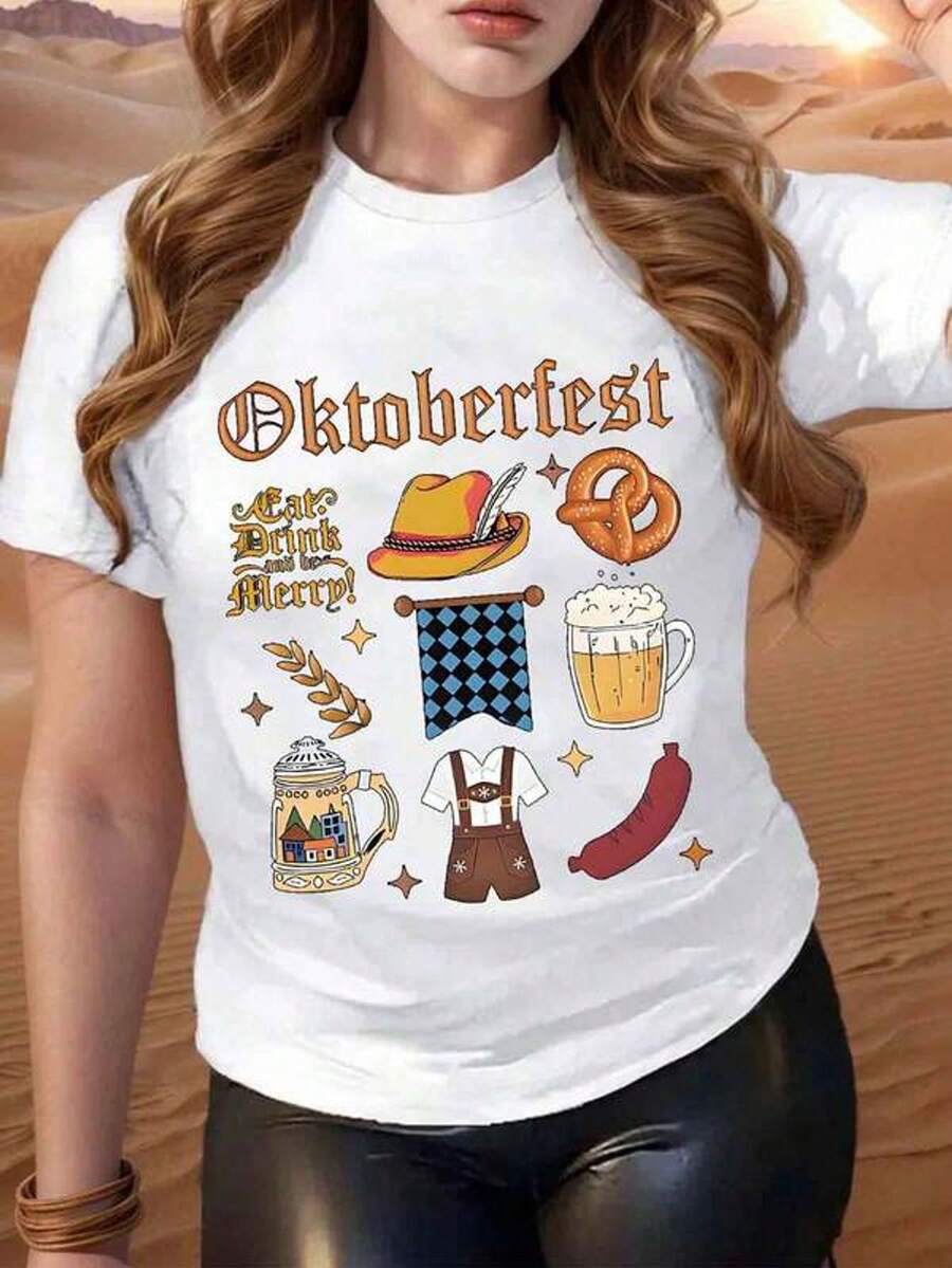 Camiseta de manga corta con cuello redondo y estampado para mujer Fiesta de la Cerveza Sombrero Cervezretzel Salchicha Lederhosen S-3XL moda, cómodo y transpirable uni lavable a máquina