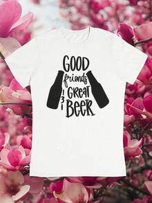 Women's Short Sleeve T-Shirt With Round Neck And Print Good Friends, Excellent Beer S-3XL Fashionable, Comfortable And Breathable, Machine Washable - 白色 - 查看 1