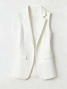Chaleco blazer regular de mujer con parches a rayas y un solo botón, unicolor con bolsillo y botón, para uso en oficina en primavera - Blanco - Ver 3