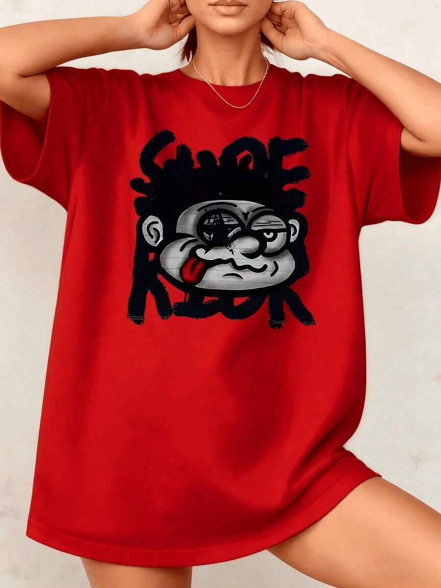 Camiseta de Mujer con Estampado Gráfico Divertido de Dibujos Animados, Estilo Urbano, Diseño de Mono Atrevido, 100% Algodón, Cuello Redondo, Manga Corta, Corte Holgado, Color Negro, 1 Pieza. Son Excelentes Regalos para Amigos y Familiares, Estilo Casual. - Rojo - Ver 1
