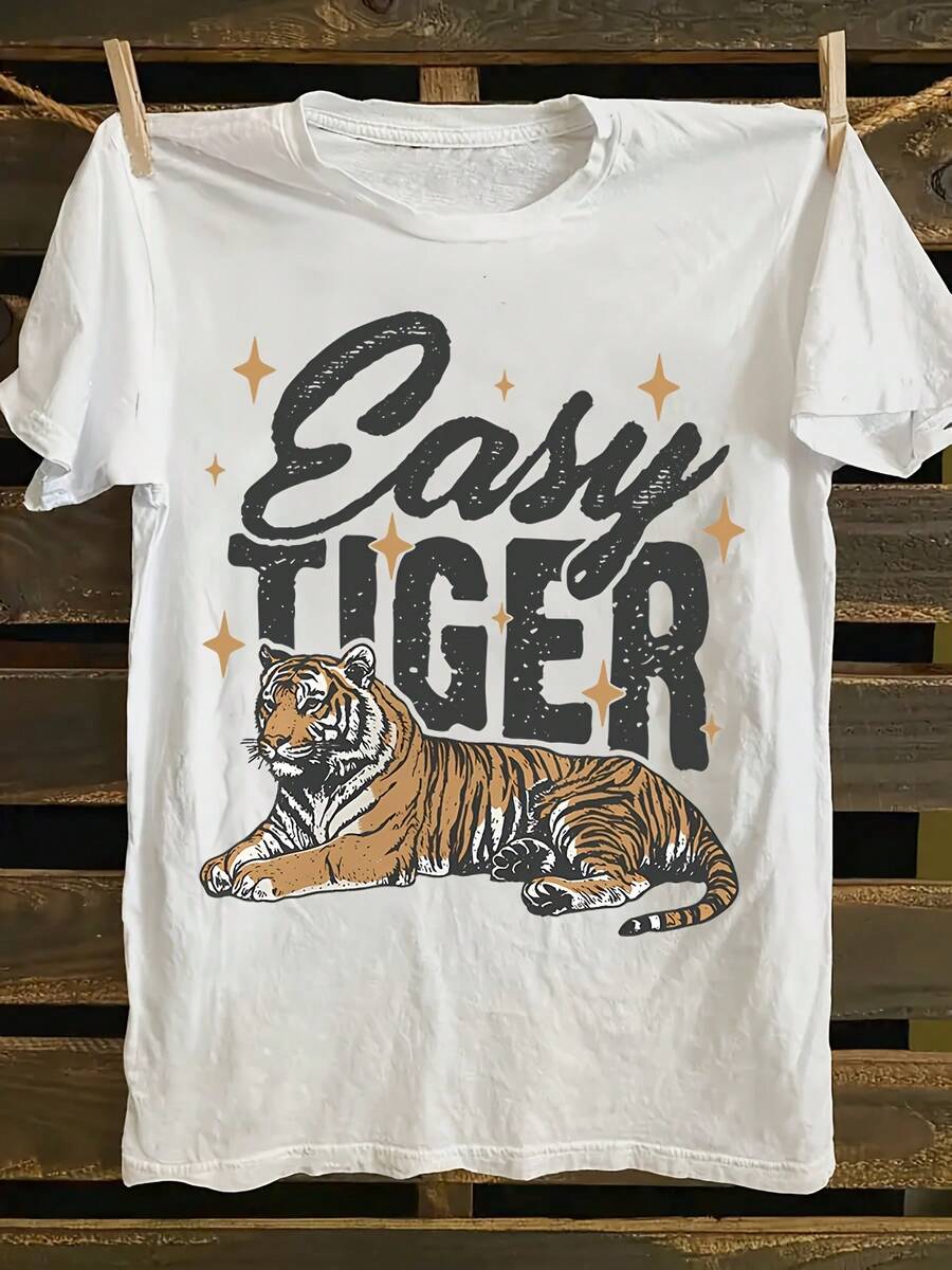Premium Quality Graphic Tee - "Relaxed Tiger" Print, Orange And Black Color Scheme, Crew Neck Design, Lightweight Summer Tee, Suitable For Casual Wear And Vacation Style, Spring/Summer Collection, Holiday Wear. | Fun Print T-Shirt | Comfortable Fit Vintage T-Shirts - 白色 - 查看 1