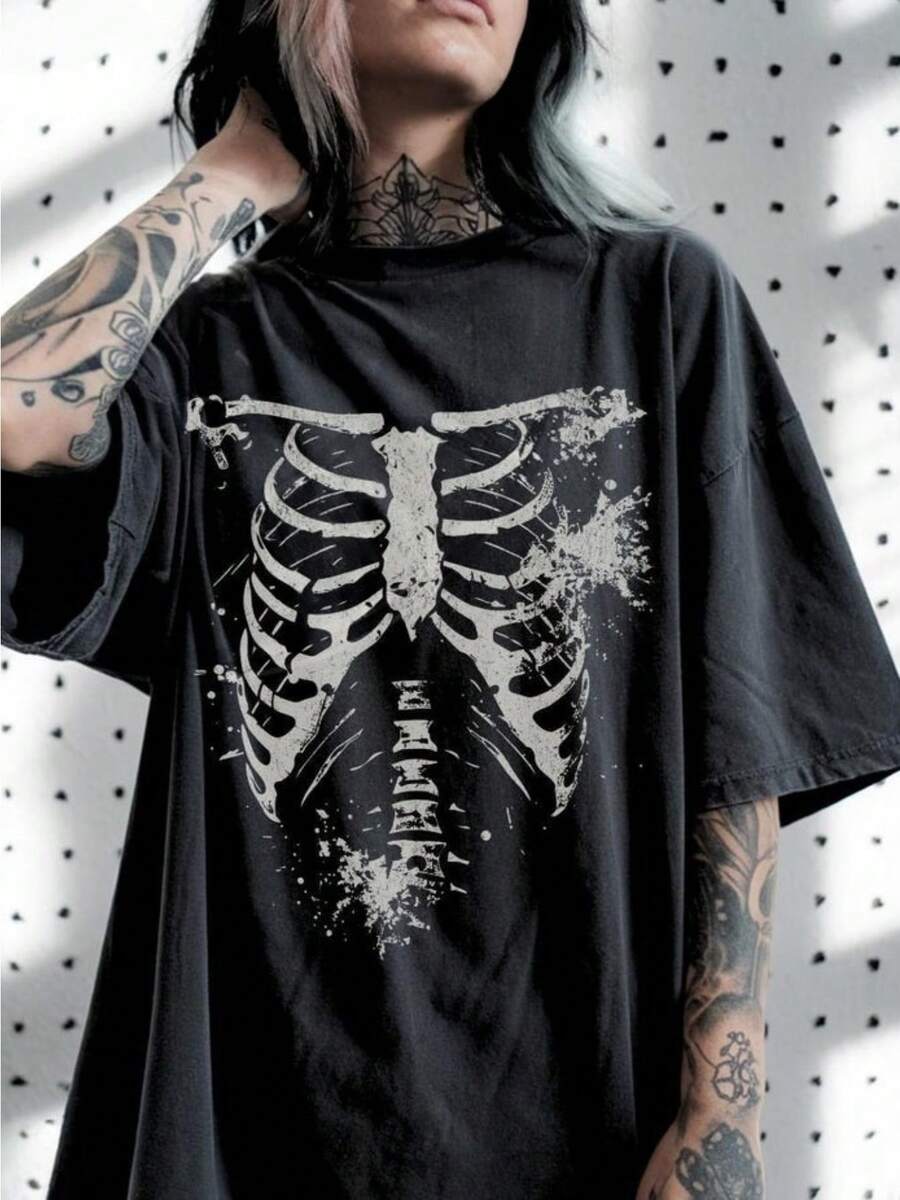 Camiseta casual de manga corta y cuello redondo con un gráfico de esqueleto de Halloween, perfecta para primavera y verano, diseñada para mujeres - Negro - Ver 1