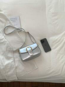 Bolso de mano pequeño con solapa para mujer, bolso cuadrado con decoración de hebilla de metal de moda, bolso de hombro y bandolera - Plateado - Ver 5