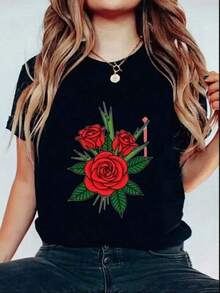 Camisetas Para Mujer AlgodónCamiseta roja con rosa estampada, moda casual mujer, estilo juvenil para todas las ocasiones, colores disponibles: negro, blanco, moderno, camiseta básica,  2023. mundial 2026 - Negro - Ver 6
