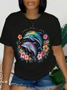 Women's White Crew Neck T-Shirt - Soft And Stretchy Fabric, Casual T-Shirt For Everyday Wear, Beach Outfits, Parties And Gifts - Machine Washable, Essential Top For Spring And Summer, T-Shirt With Vibrant Graphics, Comfortable Fit, Women's T-Shirts - 黑色 - 查看 6