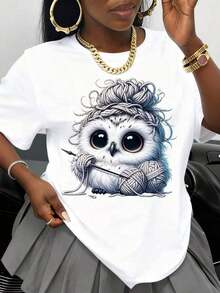 Cute Owl Knit Top, White Owl With Yarn And Knitting Needles, For Casual Wear. Women's Blouses. - 白色 - 查看 7