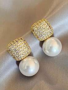1 Pair Elegant Cubic Zirconia & Faux Pearl Earrings, Suitable For Women, Ideal For Weddings, Engagements, Anniversary Parties, Valentine's Day Gifts - Yellow Gold - View 8