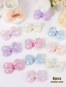 8pcs Random Candy Color Iridescent Sequin Bow Hair Clips, 3D Padded Lace Edge Side Bangs Clips, Cute Girls Daily & Party Hair Accessories - Multicolor - View 11