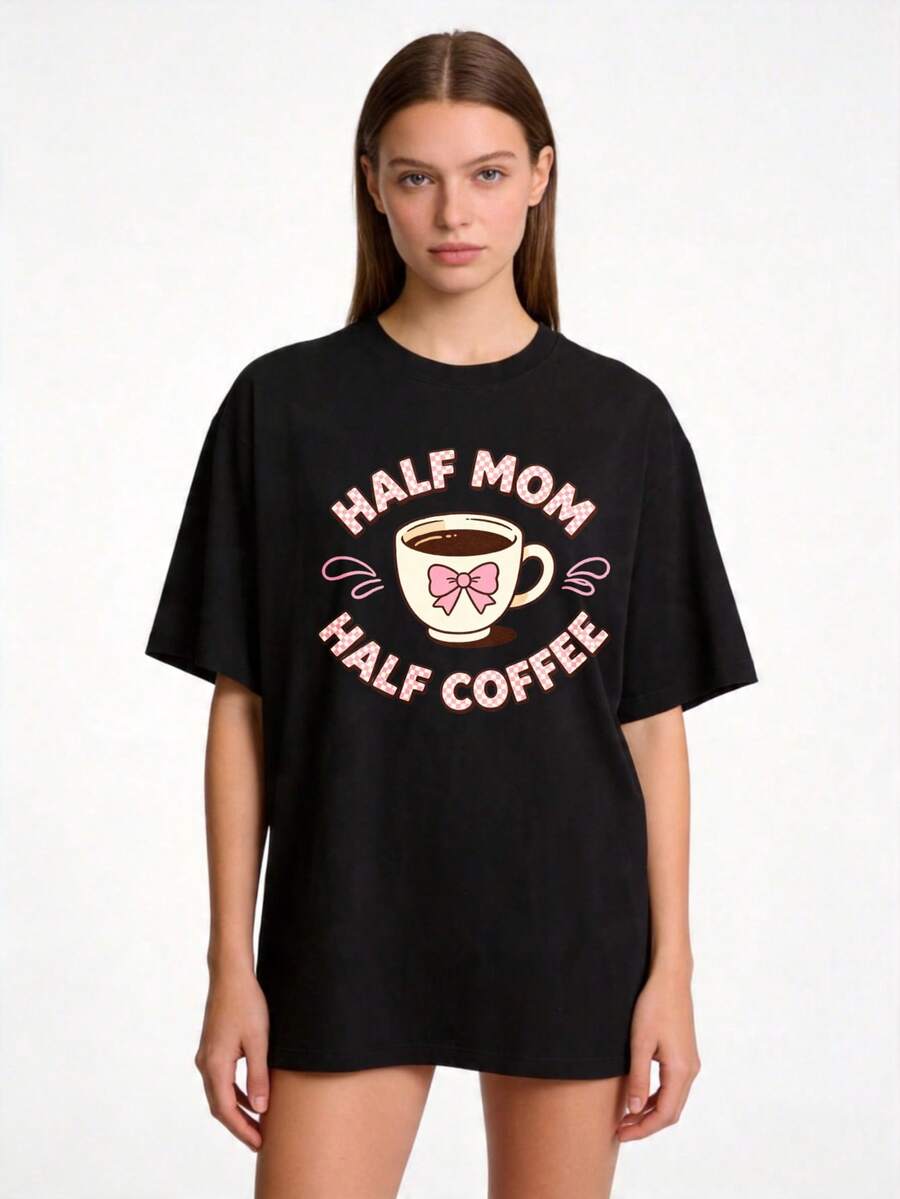 Women's Basic Casual Crew Neck T-Shirt, Sizes S-2XL, 100% Pure White, With A "Half Mom, Half Coffee" Print. Ideal For Matching Family Outfits And Couples. Perfect For Spring And Summer. A Great Gift For Mothers, Family Members, And Close Friends On Mother's Day. . - 黑色 - 查看 1