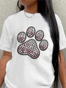 Short-Sleeved Polyester T-Shirt, Adorned With A Rhinestone Paw Print Design, Lightweight And Durable, Suitable For Lounging At Home Or Outdoor Activities, An Ideal Choice For Pet Lovers In The Living Room Or At The Park. Casual Women's Blouse - 白色 - 查看 7