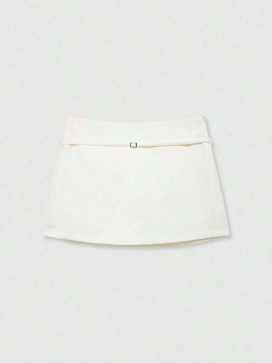 Falda pantalón negra de unicolor minimalista para uso casual, oficina y viajes, con hebilla y cinturón, para verano - Beis - Ver 1