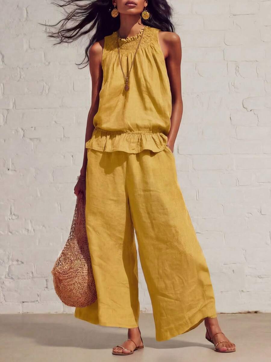 Nuevo conjunto de dos piezas de lino y algodón de estilo bohemio retro con volantes - Amarillo - Ver 1