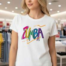 Camiseta de algodón con estampado de Zumba para mujer, camiseta gráfica de manga corta, holgada y casual, tallas grandes S-5XL, top deportivo para entrenamiento físico, camiseta casual de verano con estampado de letras coloridas para mujer. - Rojo - Ver 8