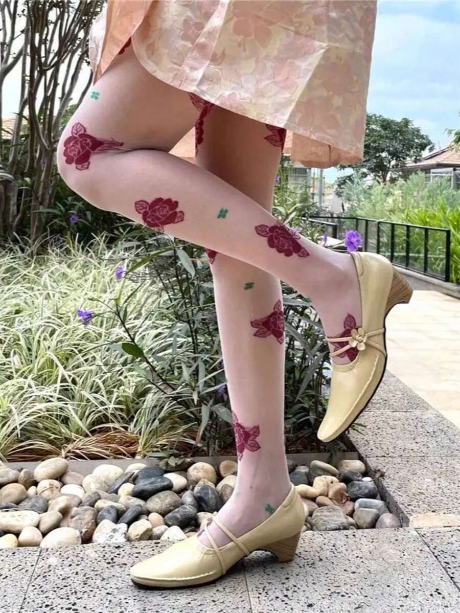 1 par de medias con estampado floral francés para mujer, duraderas y sin deformación, aptas para uso diario - Blanco - Ver 1