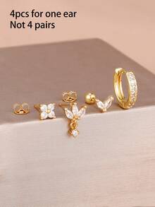 New Arrival 4PCS Shining Zirconia Flower Stud Earrings Set For Women 18K Gold Plated Stainless Steel Ear Stud Piercing Jewelry - 1 Gold - 4 PCS - View 5