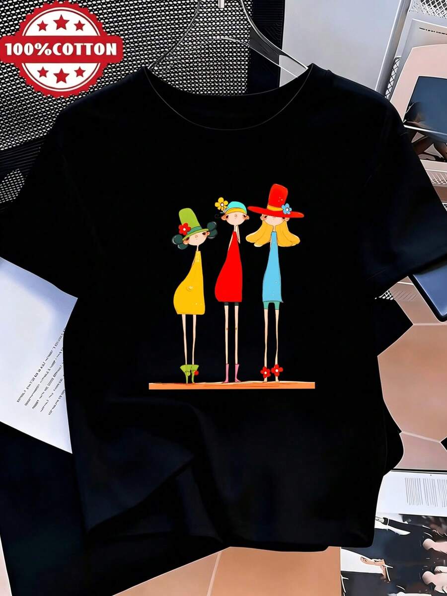 Women's T-Shirt: Elegant Short-Sleeved Blouse For Ladies, Featuring A Modern Print For Tall, Slim Women, With A Round Neck Design. Suitable For Spring, Summer, And Autumn. A Fashionable And Versatile Blouse For Everyday Wear, Work, Vacations, And Casual Occasions, Available In Sizes S-XXL. Perfect For A Night Out. - 黑色 - 查看 1