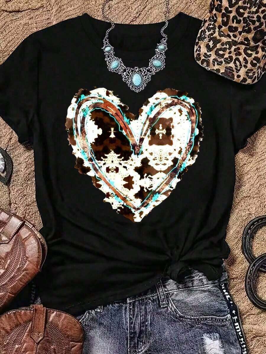 Camiseta con estampado de San Valentín estilo occidental, de manga corta y cuello redondo, informal, adecuada para verano y primavera/otoño, ropa de mujer, 1 pieza, camiseta de algodón 100% con estampado digital. - Negro - Ver 1